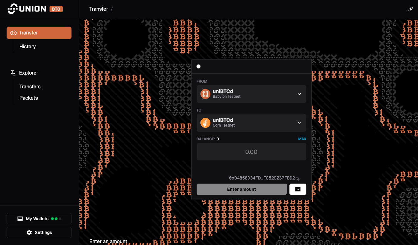 Preview of btc.union.build, Union's Beta v1.5 app with connections between Babylon, Corn, and BOB.