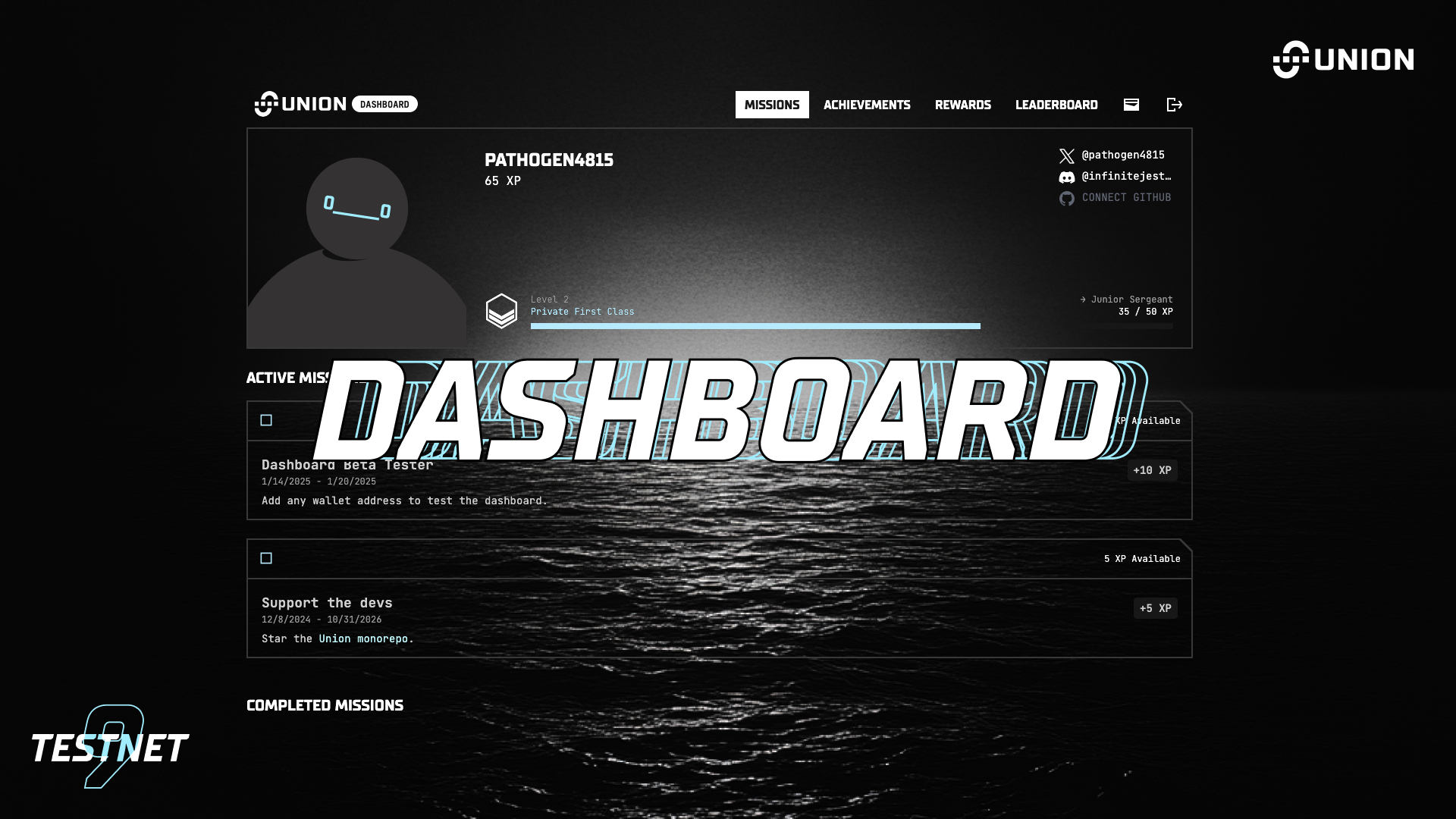 A picture of the Union Dashboard, with a user profile behind and Testnet 9 in the bottom left.