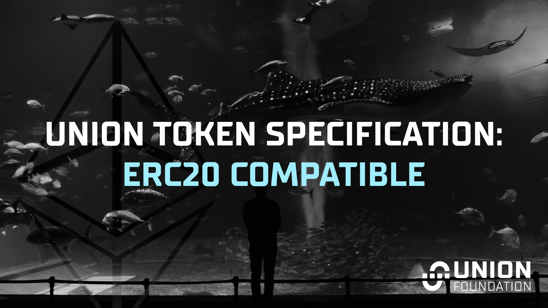 An image of a man looking at a whale shark, with an Ethereum logo overlaid, with the words "Union Token Specification: ERC20 Compatible" and the logo of the Union Foundation.